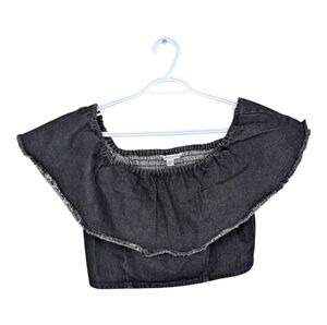 American Eagle Black Denim Fringe Cropped Top Off Shoulder Women's Medium